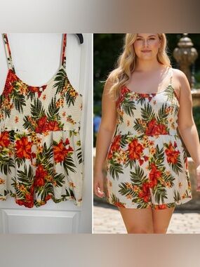 TROPICAL FLORAL ROMPER.
SIZE 2X. DEREK HEART. FRONT SMOCKED BODICE. SOFT KNIT.